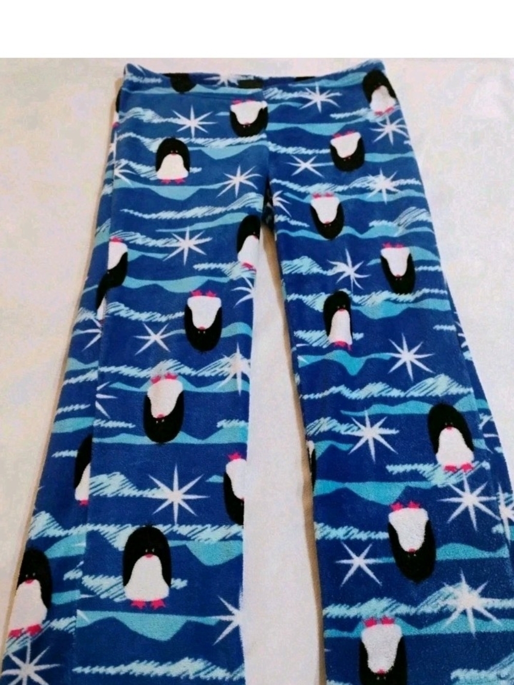 Joe Boxer Blue Penguin Fleece Pajama Pants with Light Blue Waves and White Stars